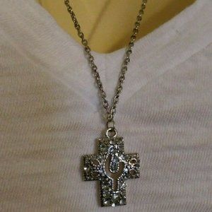 24" Silver Tone Cactus Cross Pendant Necklace
